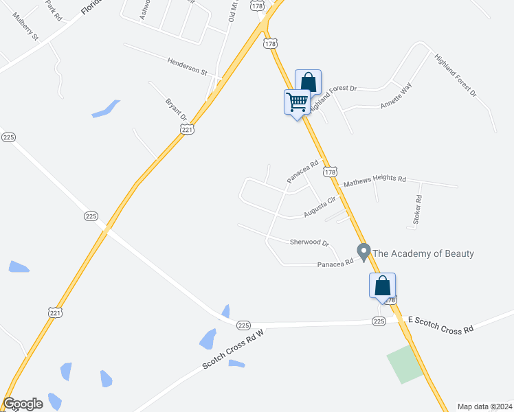 map of restaurants, bars, coffee shops, grocery stores, and more near 201 Augusta Circle in Greenwood