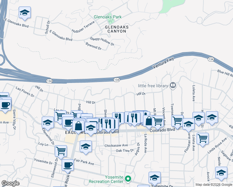 map of restaurants, bars, coffee shops, grocery stores, and more near 1871 Hill Drive in Los Angeles