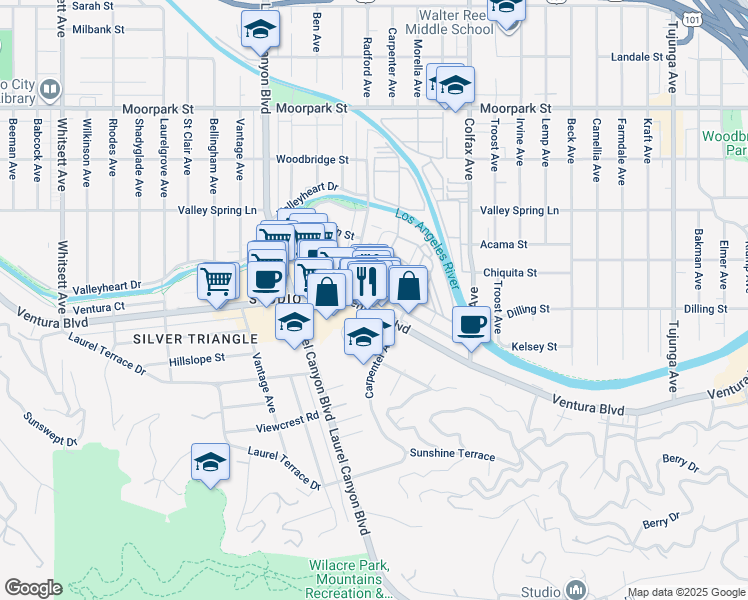 map of restaurants, bars, coffee shops, grocery stores, and more near 11930 Ventura Boulevard in Los Angeles