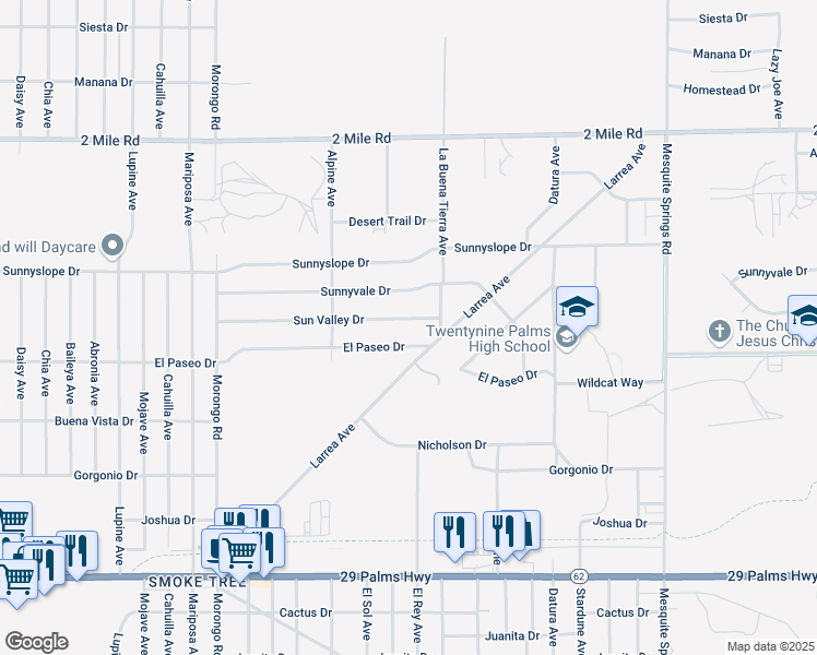 map of restaurants, bars, coffee shops, grocery stores, and more near 72444 El Paseo Drive in Twentynine Palms
