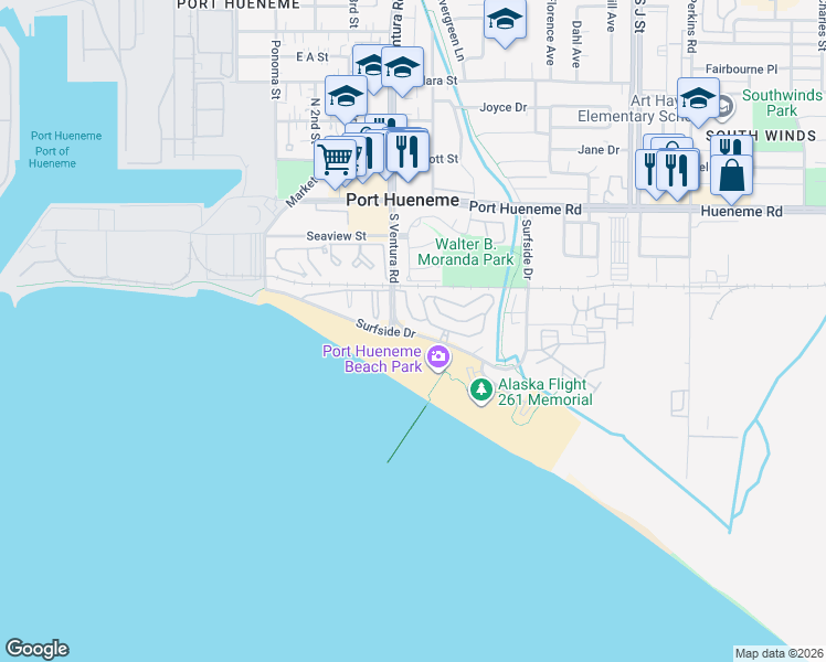 map of restaurants, bars, coffee shops, grocery stores, and more near 282 East Surfside Drive in Port Hueneme