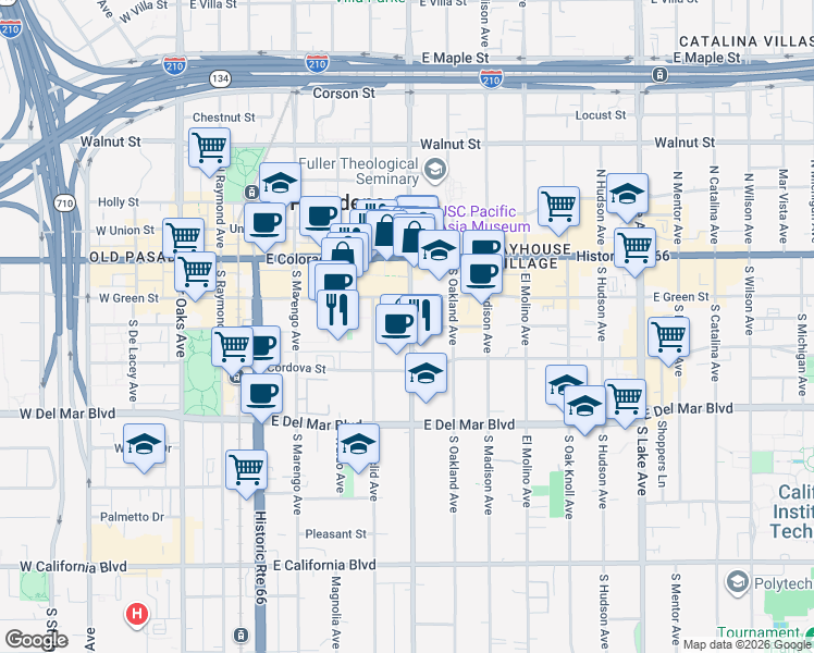 map of restaurants, bars, coffee shops, grocery stores, and more near 133 South Los Robles Avenue in Pasadena