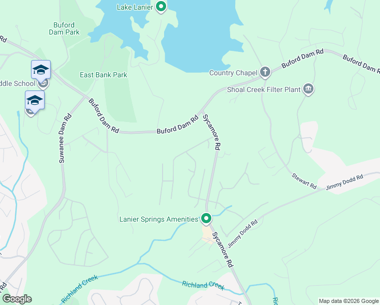map of restaurants, bars, coffee shops, grocery stores, and more near 1208 Lanier Springs Drive Northeast in Buford