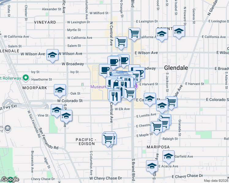 map of restaurants, bars, coffee shops, grocery stores, and more near 589 Americana Way in Glendale