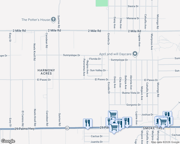 map of restaurants, bars, coffee shops, grocery stores, and more near 71511 Sun Valley Drive in Twentynine Palms