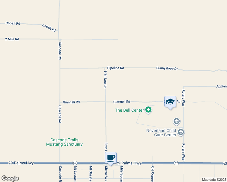 map of restaurants, bars, coffee shops, grocery stores, and more near Fran Lou Lane in Joshua Tree