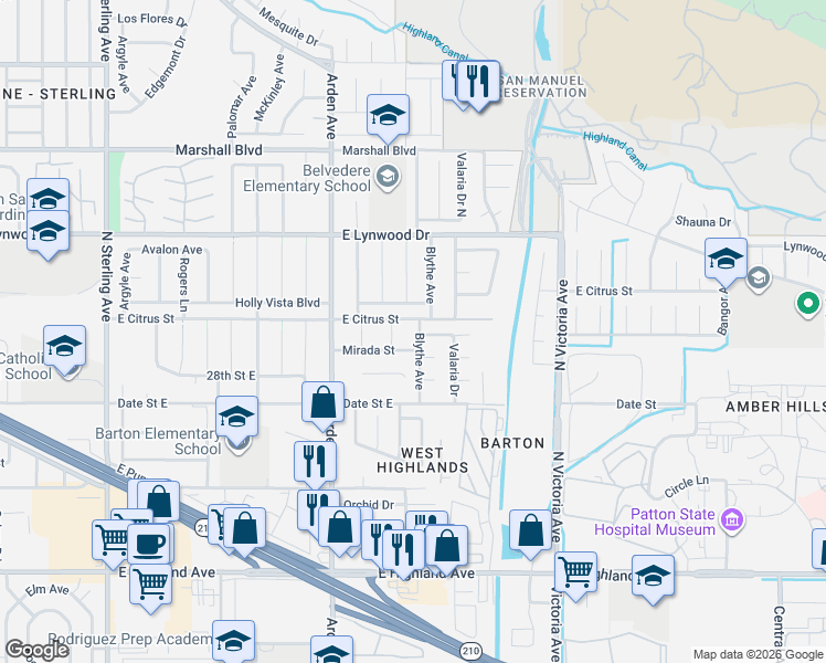 map of restaurants, bars, coffee shops, grocery stores, and more near 6091 Mirada Place in Highland