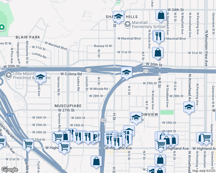 map of restaurants, bars, coffee shops, grocery stores, and more near 843 West Mirada Road in San Bernardino