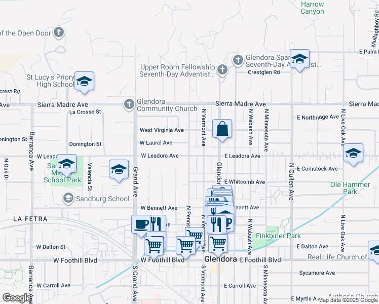 map of restaurants, bars, coffee shops, grocery stores, and more near 314 West Leadora Avenue in Glendora