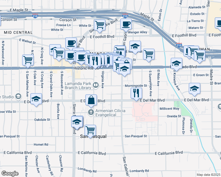 map of restaurants, bars, coffee shops, grocery stores, and more near 2607 San Marcos Drive in Pasadena