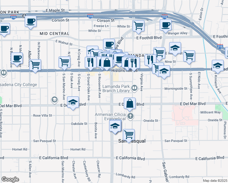 map of restaurants, bars, coffee shops, grocery stores, and more near 2405 East Del Mar Boulevard in Pasadena