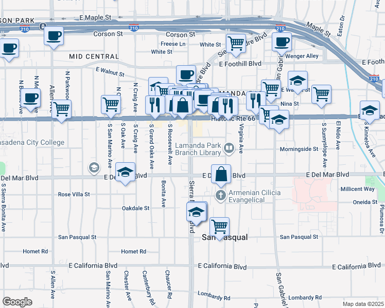 map of restaurants, bars, coffee shops, grocery stores, and more near 2405 East Del Mar Boulevard in Pasadena