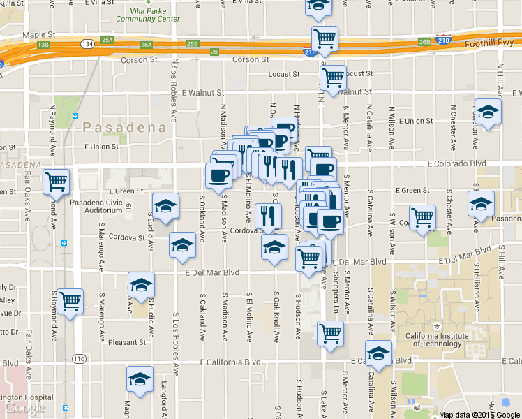 map of restaurants, bars, coffee shops, grocery stores, and more near 161 South Oak Knoll Avenue in Pasadena