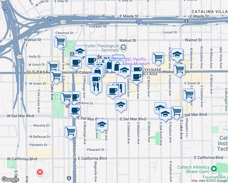 map of restaurants, bars, coffee shops, grocery stores, and more near 157 South Los Robles Avenue in Pasadena