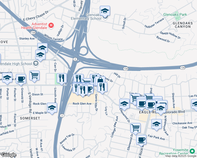 map of restaurants, bars, coffee shops, grocery stores, and more near 5228 Sierra Villa Drive in Los Angeles