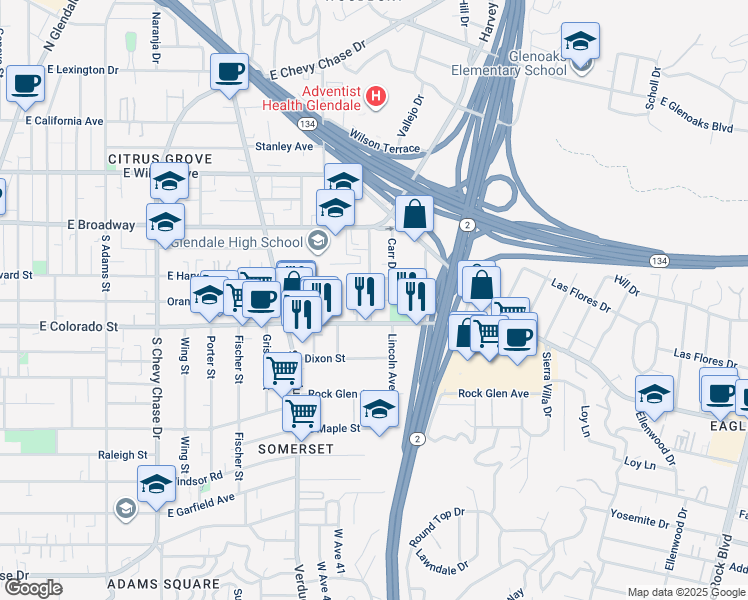 map of restaurants, bars, coffee shops, grocery stores, and more near 1535 East Colorado Street in Glendale