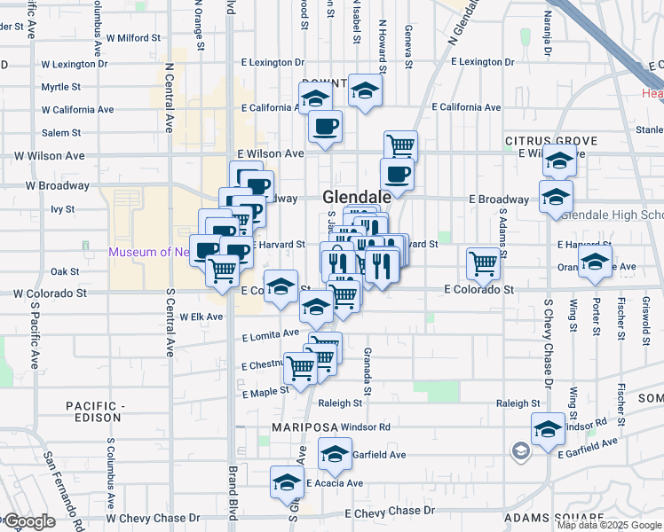 map of restaurants, bars, coffee shops, grocery stores, and more near 245B South Glendale Avenue in Glendale