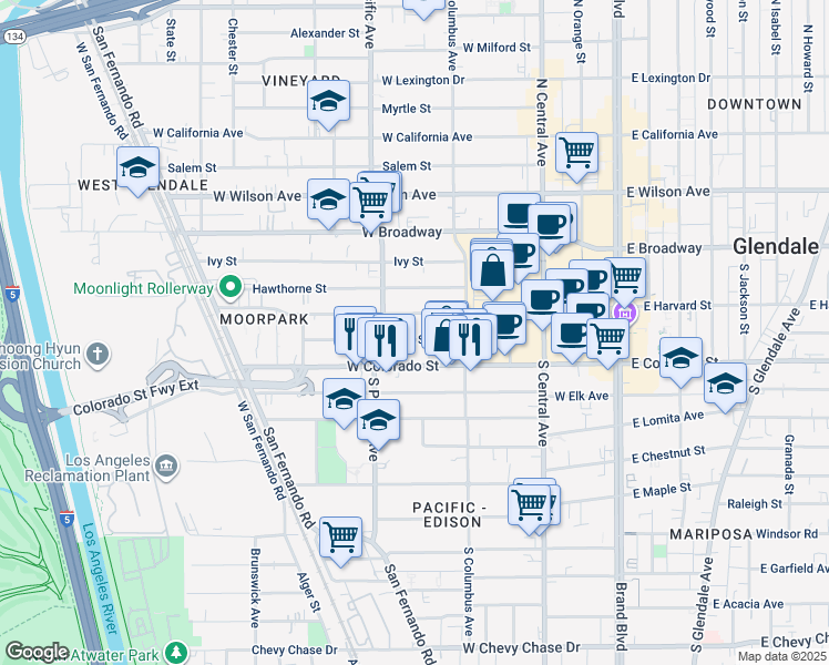 map of restaurants, bars, coffee shops, grocery stores, and more near 445 West Colorado Street in Glendale
