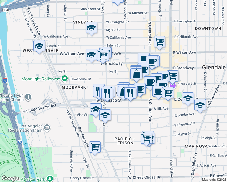 map of restaurants, bars, coffee shops, grocery stores, and more near 445 West Colorado Street in Glendale