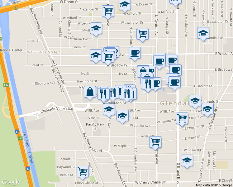 map of restaurants, bars, coffee shops, grocery stores, and more near 445 West Colorado Street in Glendale