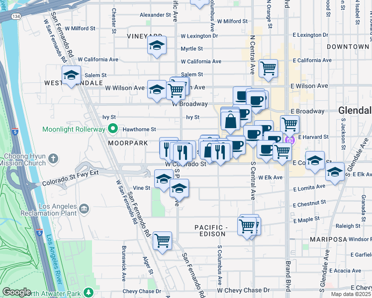 map of restaurants, bars, coffee shops, grocery stores, and more near 445 West Colorado Street in Glendale
