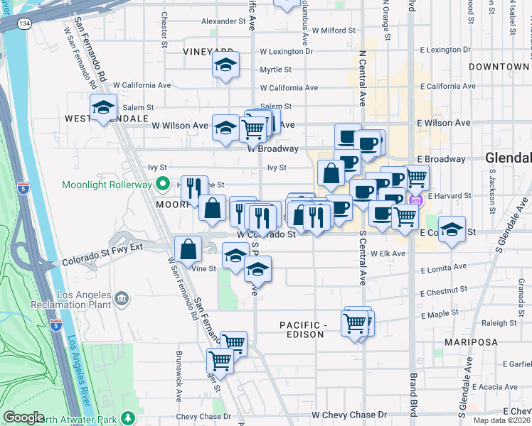 map of restaurants, bars, coffee shops, grocery stores, and more near 478 Colorado Boulevard in Glendale