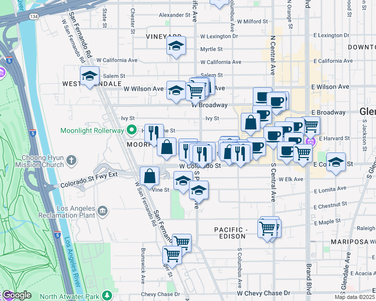 map of restaurants, bars, coffee shops, grocery stores, and more near 478 Colorado Boulevard in Glendale