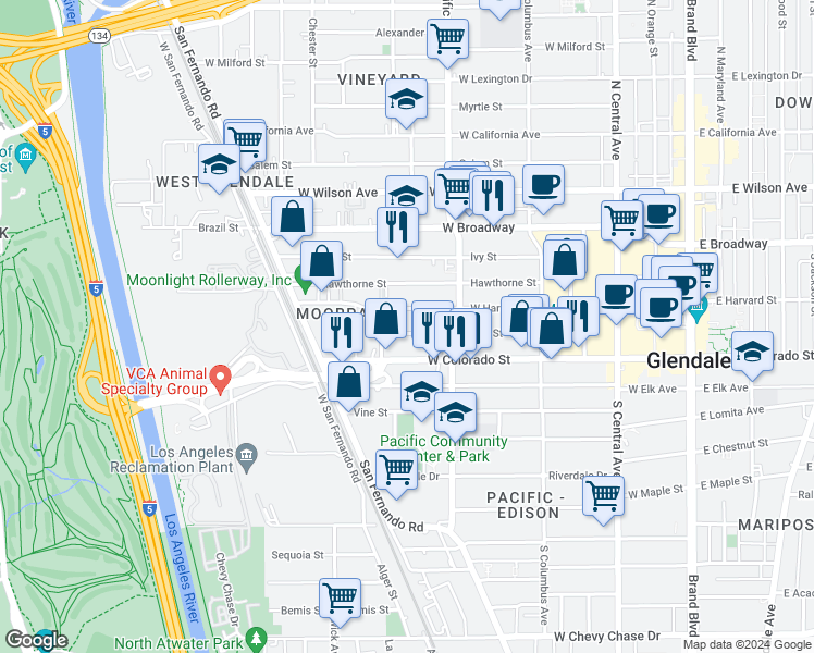 map of restaurants, bars, coffee shops, grocery stores, and more near 546 Oak Street in Glendale