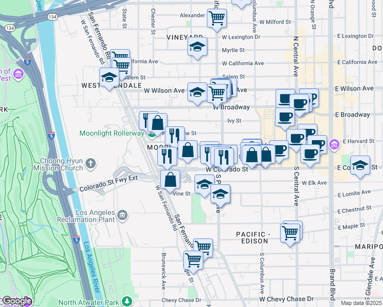 map of restaurants, bars, coffee shops, grocery stores, and more near 546 Oak Street in Glendale
