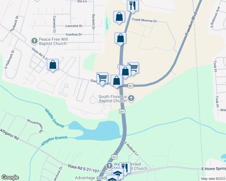 map of restaurants, bars, coffee shops, grocery stores, and more near 2711 South Irby Street in Florence