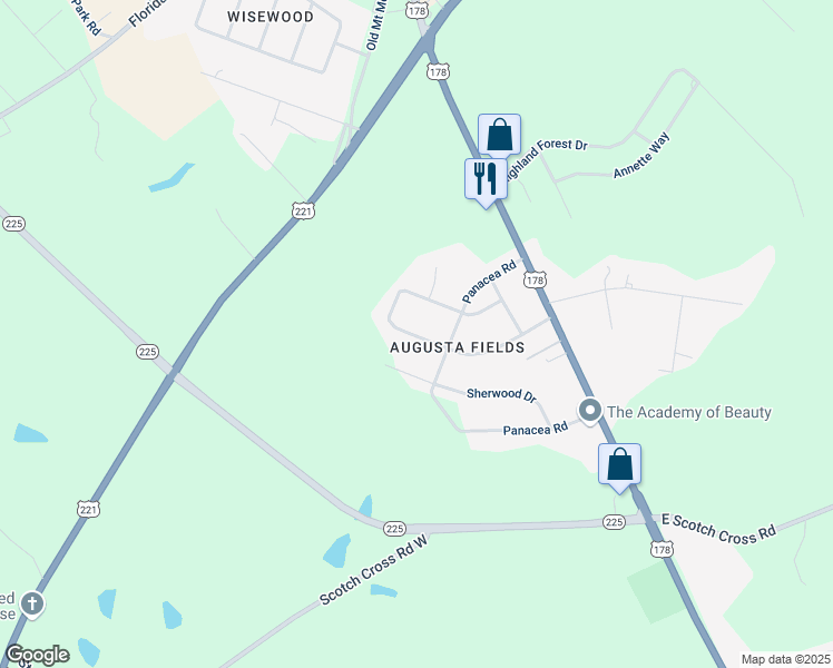 map of restaurants, bars, coffee shops, grocery stores, and more near 201 Augusta Circle in Greenwood