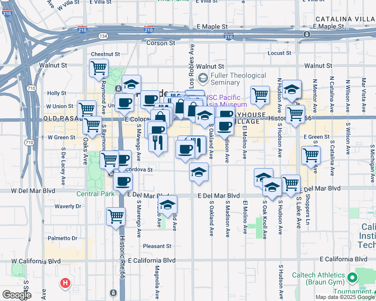 map of restaurants, bars, coffee shops, grocery stores, and more near 133 South Los Robles Avenue in Pasadena