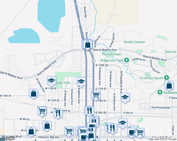 map of restaurants, bars, coffee shops, grocery stores, and more near 1224 North San Gabriel Avenue in Azusa