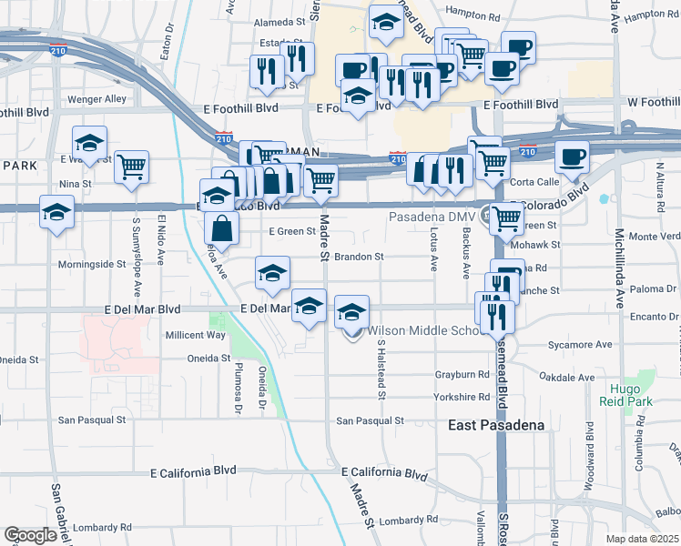 map of restaurants, bars, coffee shops, grocery stores, and more near 3427 Milton Street in Pasadena