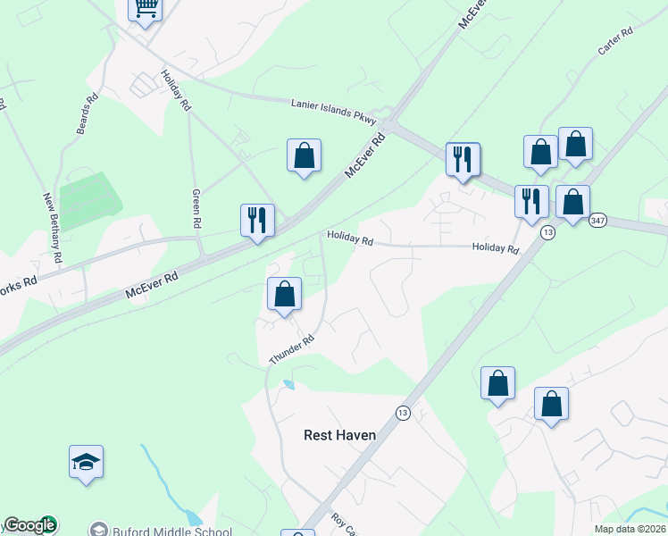 map of restaurants, bars, coffee shops, grocery stores, and more near 470 Thunder Road in Buford