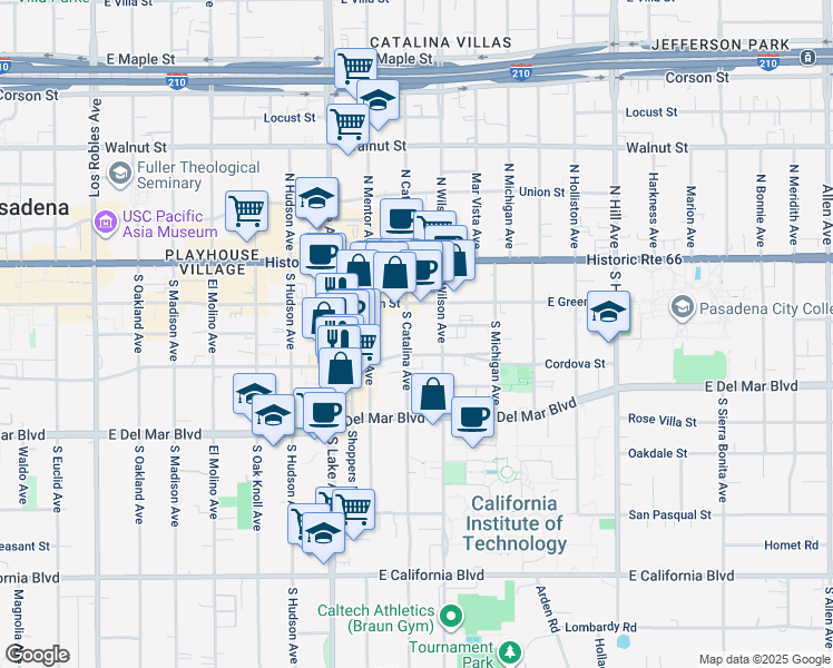 map of restaurants, bars, coffee shops, grocery stores, and more near 126 South Catalina Avenue in Pasadena
