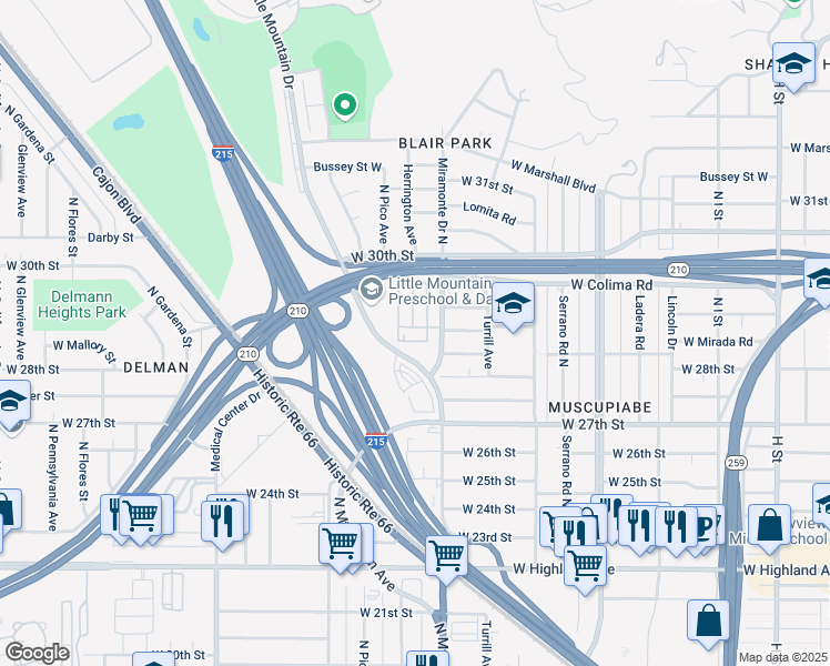 map of restaurants, bars, coffee shops, grocery stores, and more near 1319 Oakwood Drive West in San Bernardino