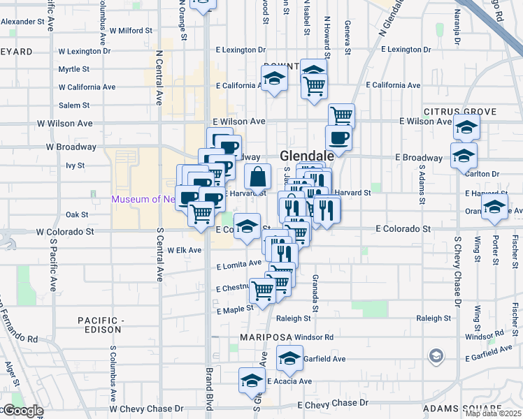map of restaurants, bars, coffee shops, grocery stores, and more near 221 South Kenwood Street in Glendale