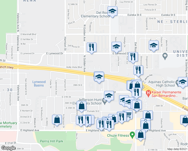 map of restaurants, bars, coffee shops, grocery stores, and more near Martin A. Matich Highway in San Bernardino