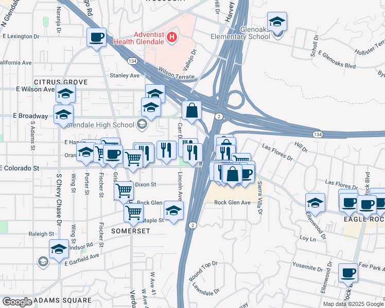 map of restaurants, bars, coffee shops, grocery stores, and more near 5227 Eagle Dale Avenue in Los Angeles