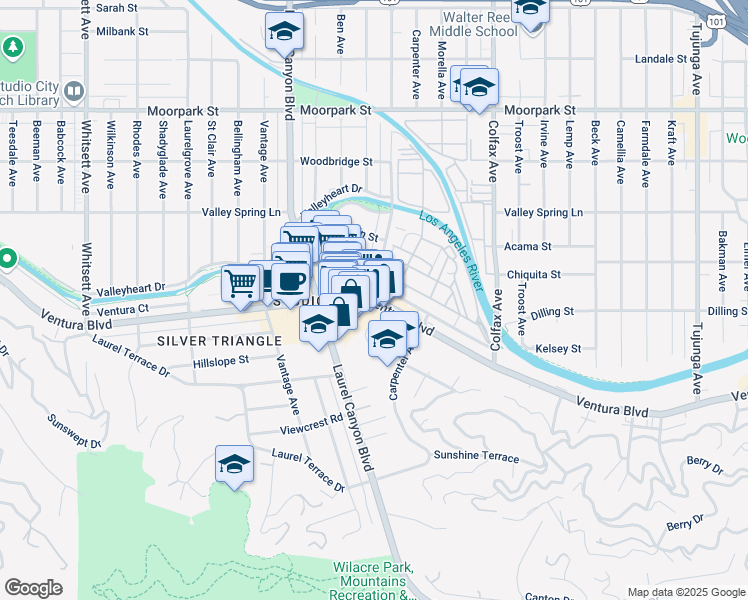 map of restaurants, bars, coffee shops, grocery stores, and more near Ventura Boulevard & Radford Avenue in Los Angeles
