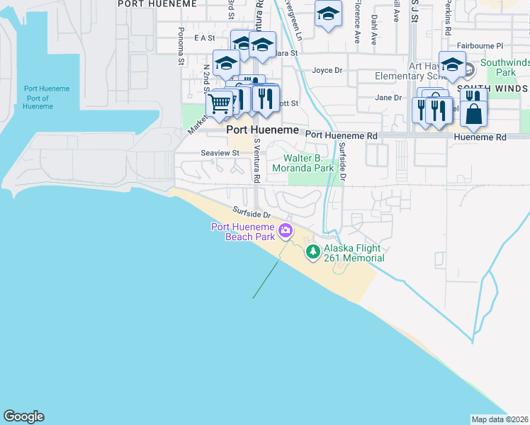 map of restaurants, bars, coffee shops, grocery stores, and more near 258 East Surfside Drive in Port Hueneme