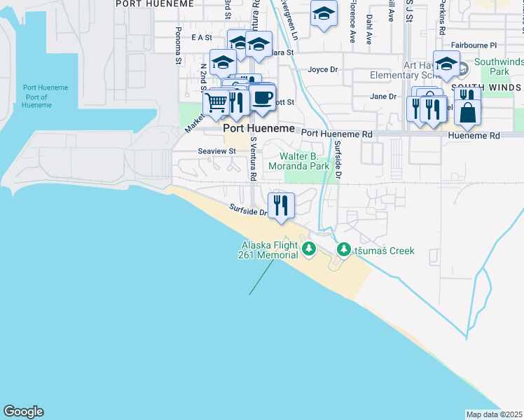 map of restaurants, bars, coffee shops, grocery stores, and more near 262 East Surfside Drive in Port Hueneme
