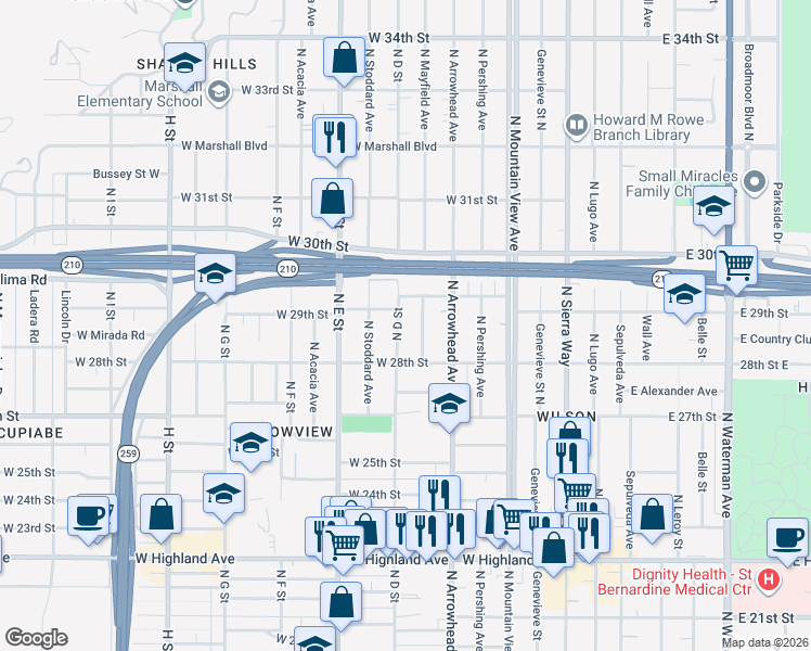 map of restaurants, bars, coffee shops, grocery stores, and more near 2824 North Mayfield Avenue in San Bernardino