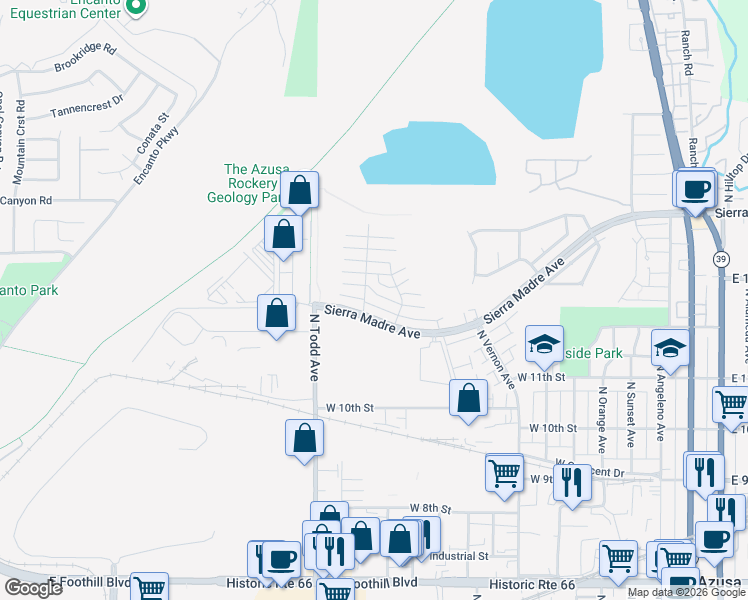 map of restaurants, bars, coffee shops, grocery stores, and more near 1076 West Calle Del Sol in Azusa