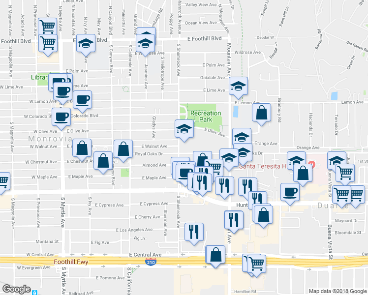 map of restaurants, bars, coffee shops, grocery stores, and more near 726 Shamrock Avenue in Monrovia