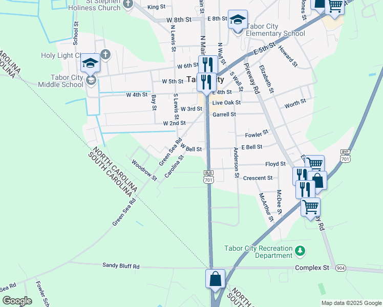 map of restaurants, bars, coffee shops, grocery stores, and more near Alton Street in Tabor City