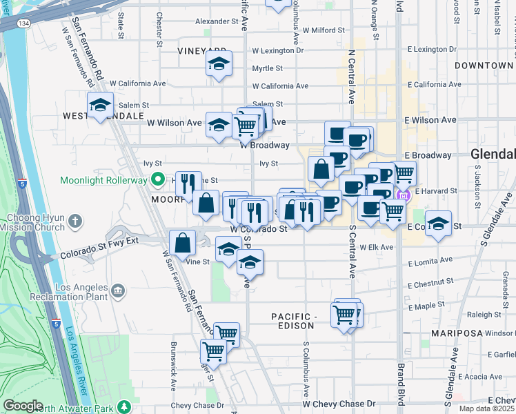 map of restaurants, bars, coffee shops, grocery stores, and more near 478 Colorado Boulevard in Glendale