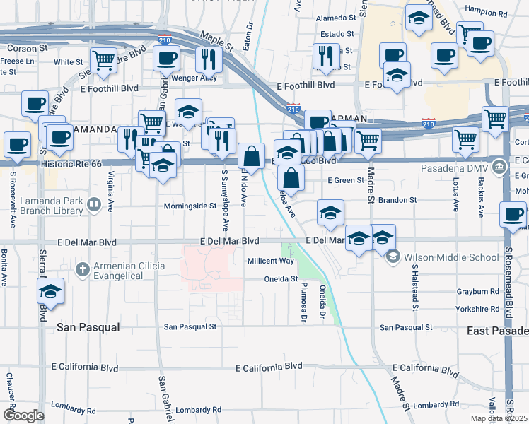 map of restaurants, bars, coffee shops, grocery stores, and more near 178 Ramona Place in Pasadena
