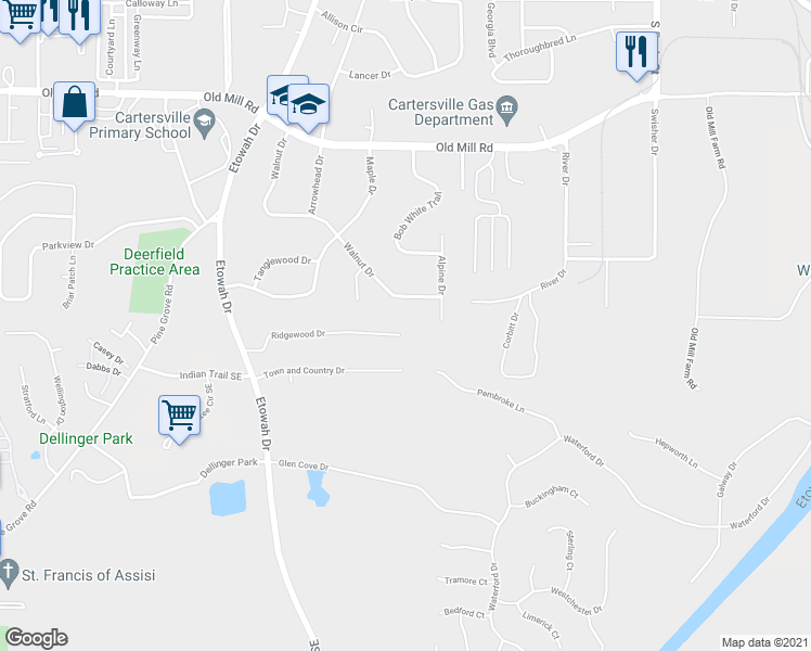 map of restaurants, bars, coffee shops, grocery stores, and more near 26 Ridgewood Drive in Cartersville